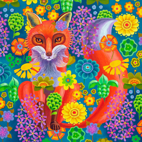 'Fox with flowers' oil painting