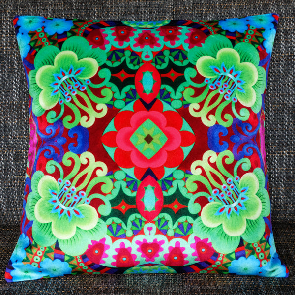 'Exotic flower' velvet cushion (green)