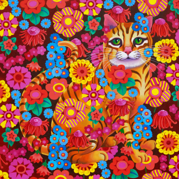 'Cat with flowers' oil painting