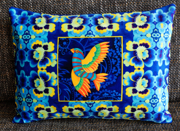 'Blue folk bird' velvet cushion