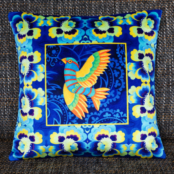 'Blue folk bird' velvet cushion (small)