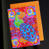 'Peacock with flowers' card